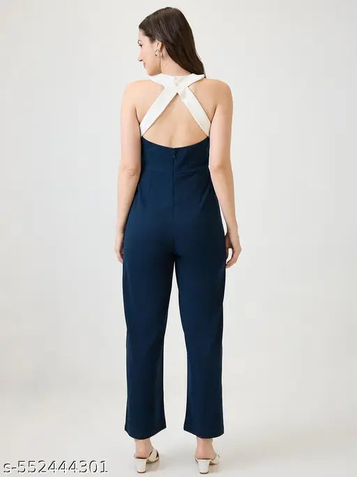 Globus Women Navy Blue Halter Back Neck Party Jumpsuit
