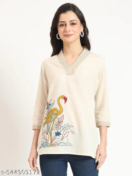 Divena Off White Cotton V-Neck Embroidery Top