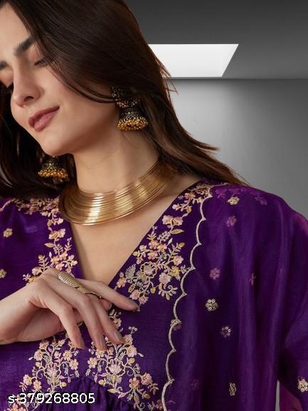 New Trending  Vichitra Silk Embroidery Purple Kurta Set Bottom with Organza Dupatta