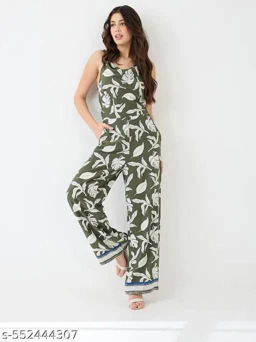 Globus Women Green Tropical Printed Cowl Neck Shoulder Strap Longline Party Jumpsuit