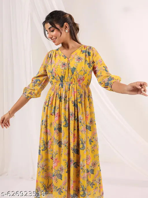 Janasya Women's Yellow Georgette Floral Printed A-line Dress