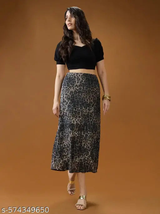 Globus Women Black Lurex Pleated Leopard Print Shimmer Detailing Mid-Rise A-Line Midi Skirt