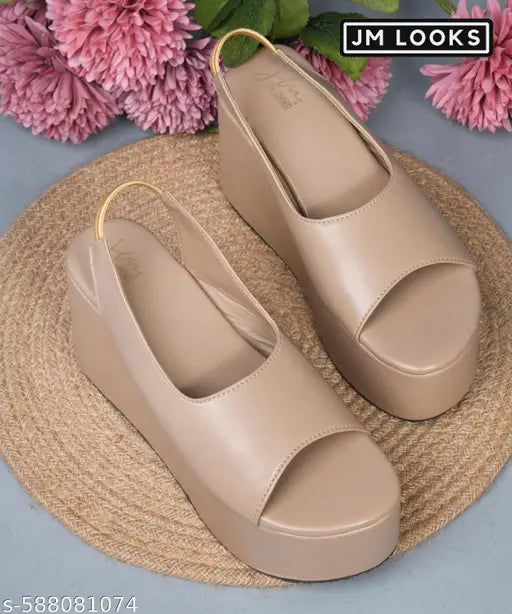 JM LOOKS Women’s Platform Wedge Sandals Open Round Toe Slip-On Slingback Heels for Casual, Party & Daily Office - Beige