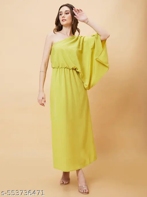 Globus Women Lime Solid One Shoulder Oversized Fit and Flare Maxi Dress