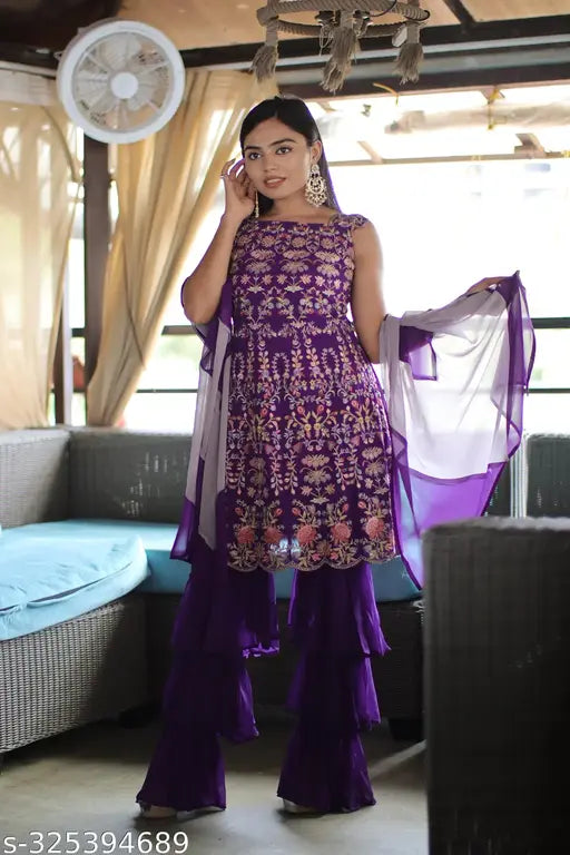 Miss Ethnik Women’s Purple Color Full Stitched Faux Georgette Top and Palazzo with Santoon Inner and Faux Georgette Dupatta Embroidered Kurta Palazzo Set (164-Purple)