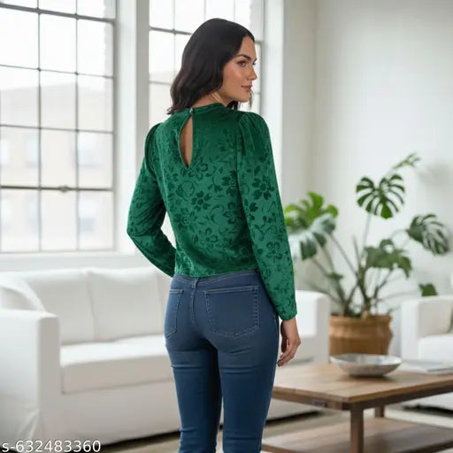 (24) "FOREST CHARM" Velvet Embossed Floral Top , top wear