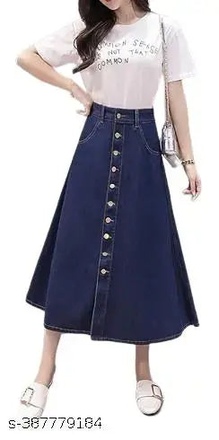 Navy Blue Ten Buttoned A-Line Maxi Denim Woman SkirtNavy Blue 10-Button A-Line Maxi Denim Skirt for Women | High-Waist, Trendy & Comfortable | Casual & Office Wear 6800