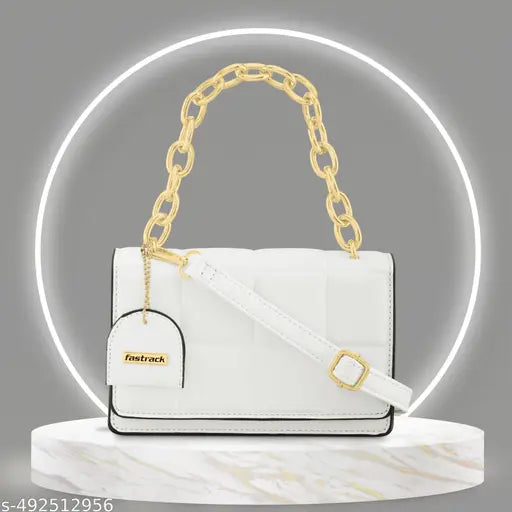 Fastrack White PU Quilted Satchel For Women with Gold Metal Chain and detachable sling strap