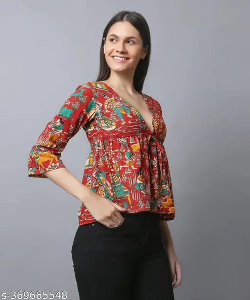 The Seamsters Crew Women’s Kalamkari Printed Cotton Tie Up Waist Empire Top
