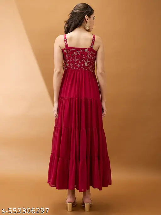 Globus Women Neck Strappy Shoulder Floral Embroidered Tiered Maxi Fit & Flare Festive Dress
