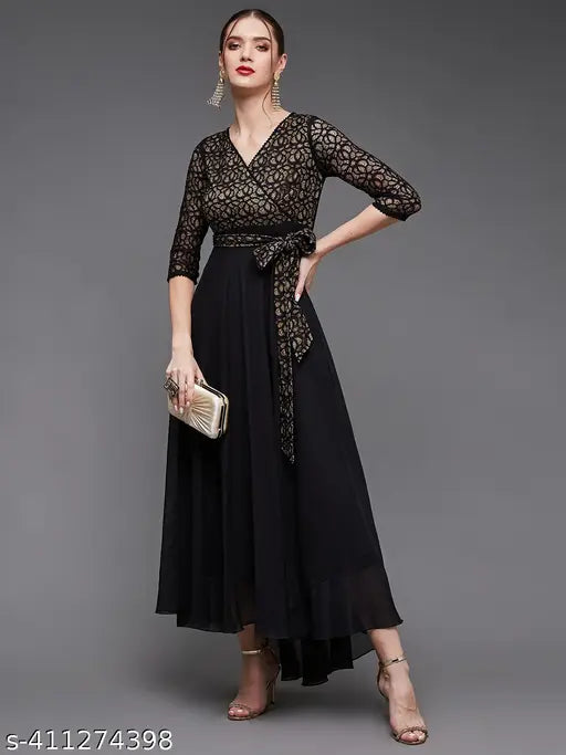 Miss Chase Women's Black Self-Designed Relaxed Fit V-Neck 3/4th Sleeve Georgette And Lace Maxi Dress