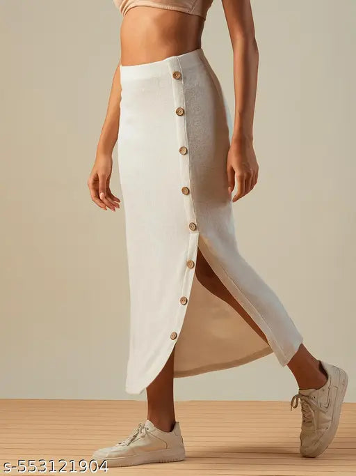 Globus Women Off White Self Design Button Detail Mid-Rise Side Slit Midi Pencil Skirt