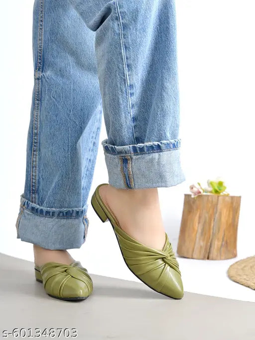 NZS Elegant Olive Green Knot-Front Slip-On Flats For Women & Girls