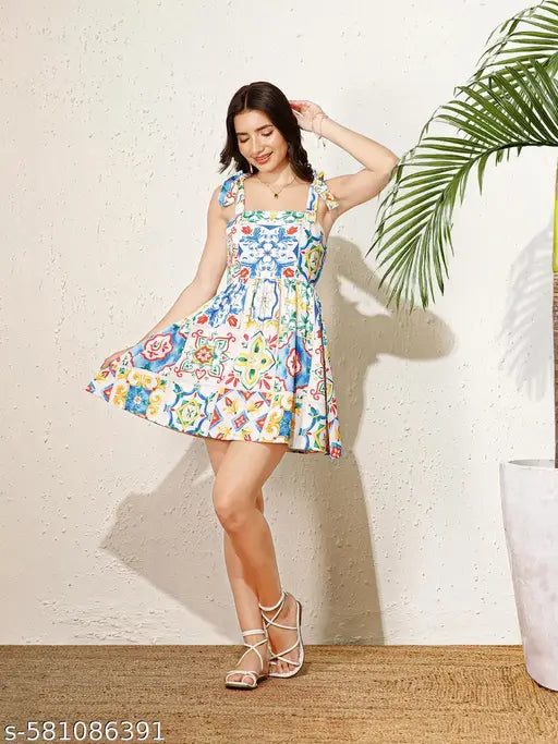 Berrylush Women White Ethnic Printed Shoulder Strap Fit and Flare Mini dress| Soft Cotton Blend – Daily & Festive Wear