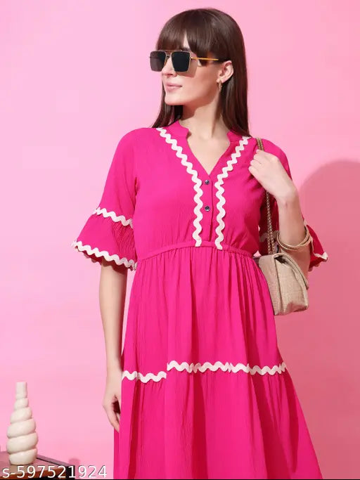 Honky Tonky Pink Tiered Fit & Flare Midi Dress with White Wavy Trim and Half Sleeves