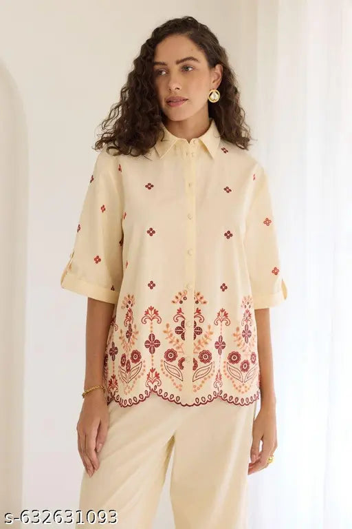 Elegant Cream Co-Ord Set for Women | Designer Rayon Shirt & Pant Set | Stylish Printed Ethnic Casual Wear Outfit