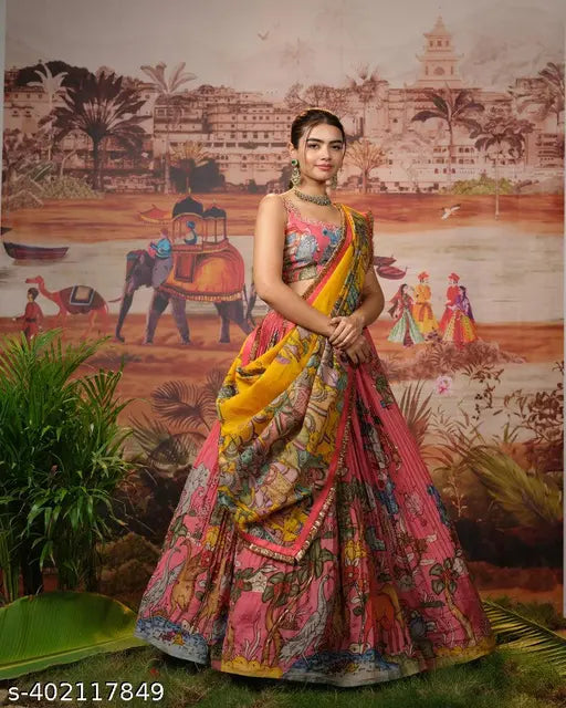 Pink Kalamkari Silk Crush Lehenga