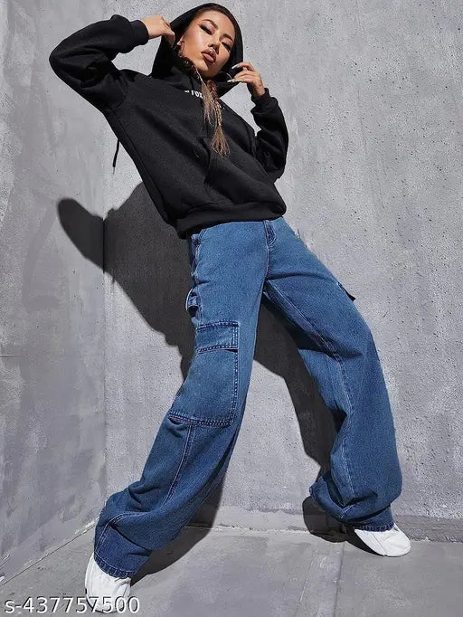 Modern Edge Jeans,  Relaxed Fit 6Pocket Stone Blue Jeans – Women & Girls, High-Waist Style Side Pocket Cargo