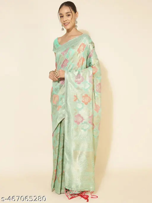 Janasya Women's Sea Green Chanderi Silk Ethnic Motifs Saree with Unstitched Blouse Piece