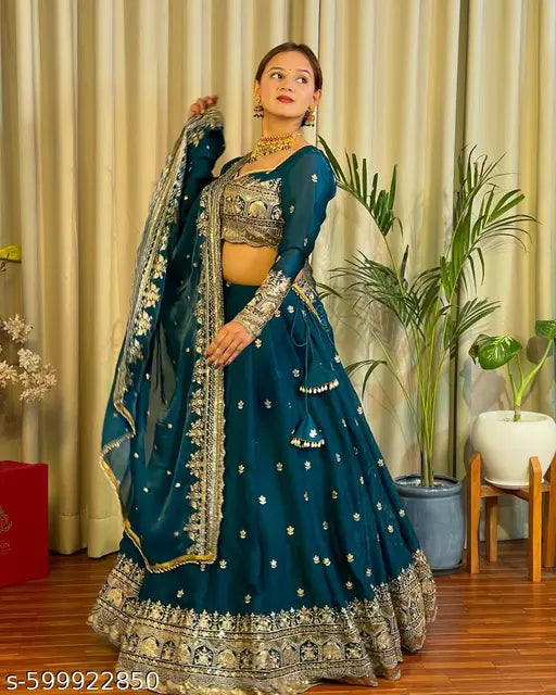 NEW WOMEN LEHENGA CHOLI WITH HEAVY EMBROIDERY THREAD SAQUENCED WORK