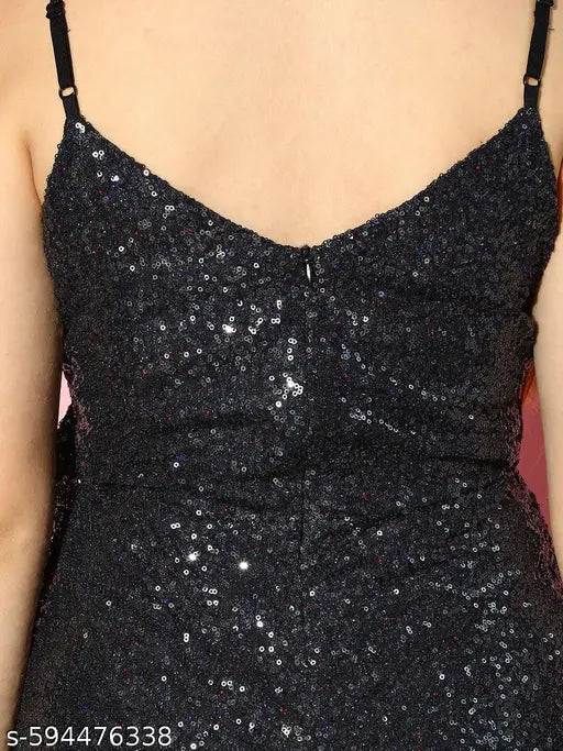 Berrylush Women Black V-Neck Sleeveless Sequin Embellished Styled Back Mini Playsuit