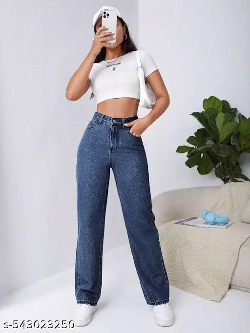 H&H Dark Blue Straight Fit High Waist Non-Stretchable Denim Jeans for Women – Casual Stylish Western Wear