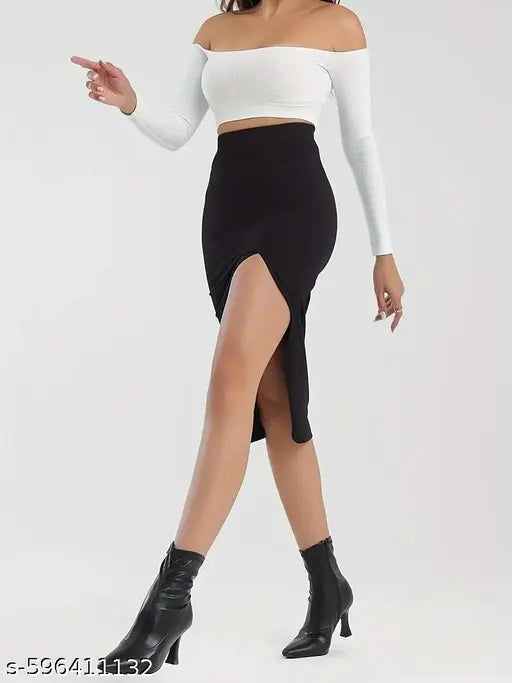 Trendy Women’s Ribbed Front Cut Pencil Skirt with Slit | Black Long Skirt | Casual & Office Wear | Black Skirt