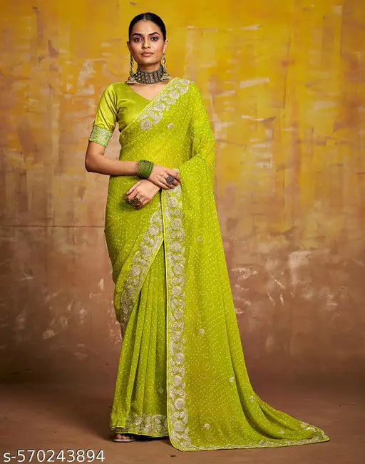 SATRANI Georgette Green Saree with Silk Blouse