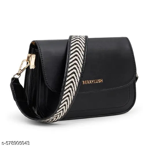 Berrylush Women Solid Black PU Detachable Sling Strap Striped Pattern Structured Regular Sling Bag