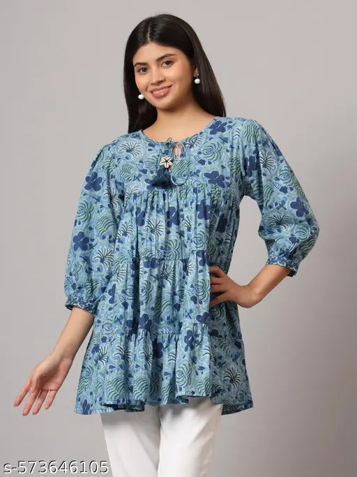 FABRIC FITOOR Trendy Blue Floral Printed Cotton Flared Women’s Top Trendy Blue Floral Printed Cotton Flared Women’s Top(Blue)
