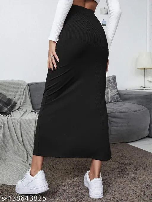 Casual Solid Self Design Aline Ribbed Knit Long Slit Skirt for Women || Latest Stylish Long Slit Skirt for Women| Pencil Skirt Black