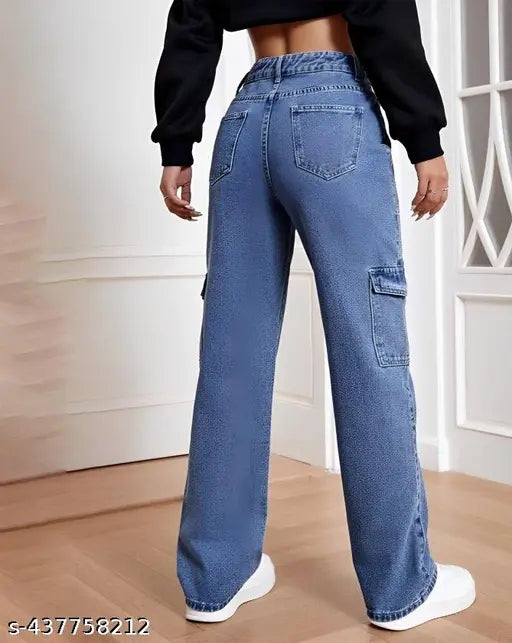Modern Edge Jeans,  High-Waist 6Pocket Stone Blue Jeans – Baggy Style with Side Pockets & Flap Pocket Denim Cargo