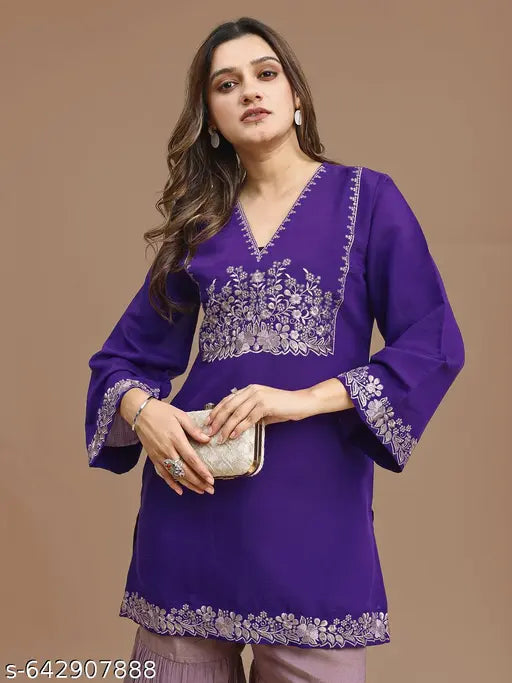 Purple Silk Blend Embroidered Top With Mauve Sharara