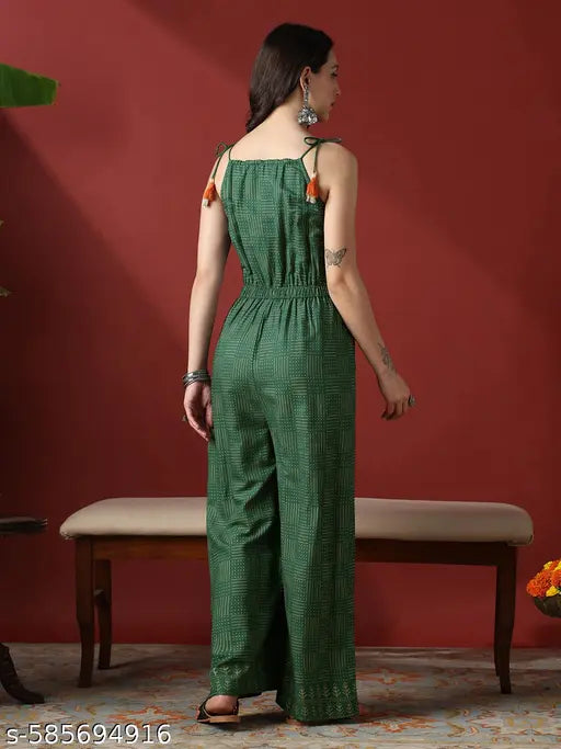 Globus Women Green Embroidered Yoke & Gold Foil Polka Dot Tie-Up Straps Wide Leg Fusion Jumpsuit