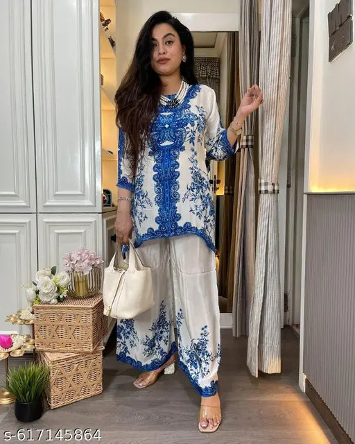 Anni Designer Women's Rayon Viscose Blue Straight Printed Kurta Set | 2-Piece Daily Wear Suit with Palazzo| Stylish Office Wear Ethnic Rayon Dress