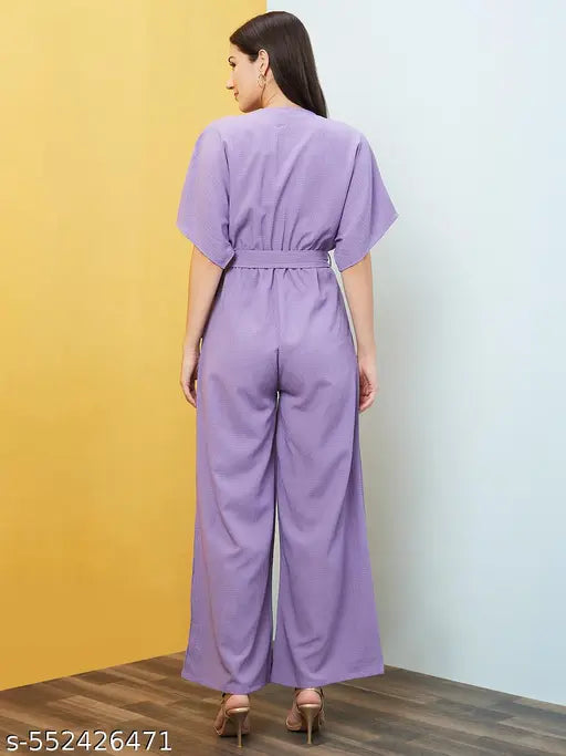 Globus Women Lavender Solid V-Neck Drop Shoulder Waist Tie-Up Jumpsuit