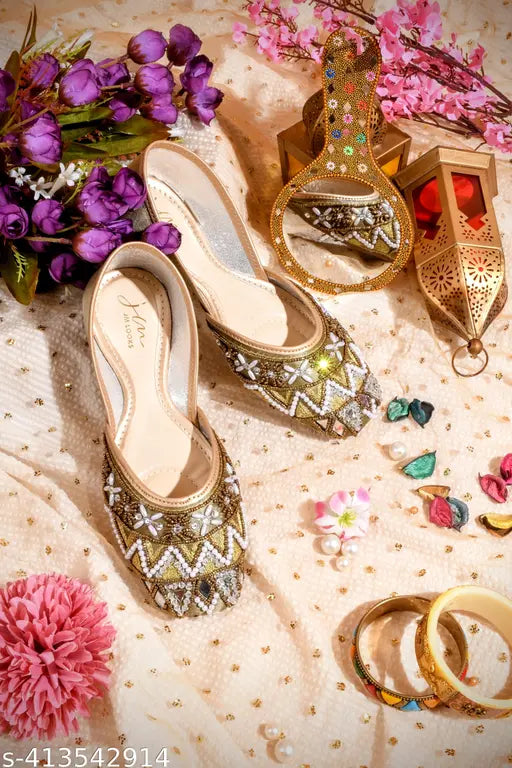 JM LOOKS Stylish Juttis & Mojaris Traditional Hand Embroidered Stone Designs for Women & Girls (Green)