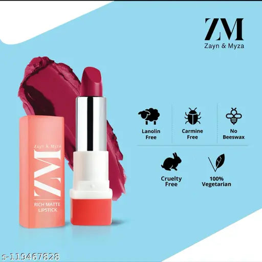 ZM ZAYN & MYZA Rich Matte Lipstick Smooth and Light Weight Intense Color in one Swipe High Pigmentation Bullet Lip Stick Enriched with Argan oil Murumuru and Shea Butter 4.2 g (Cheer Leader)