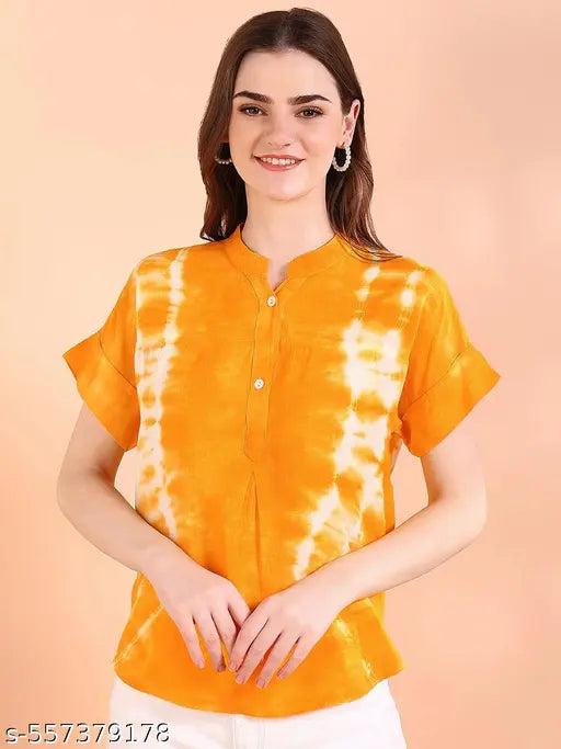 Women's Orange Tie-Dye Mandarin Collar Cotton Shirt