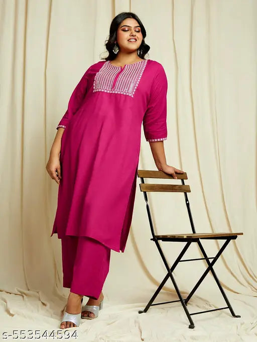 Globus Gloplus Women Pink Sequinned & Embroidered Yoke Straight Plus Size Kurta With Wide Leg Pants Festive Set
