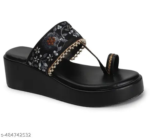 SAHU BROTHER...black platform sandals/floral embroidery/casual footwear/summer sandals/stylish flip flop/comfortable sandals/trendy footwear/fashionable summer slippers for women and girls chic sandals/elegant wedges heels for ladies partywear heel sandal
