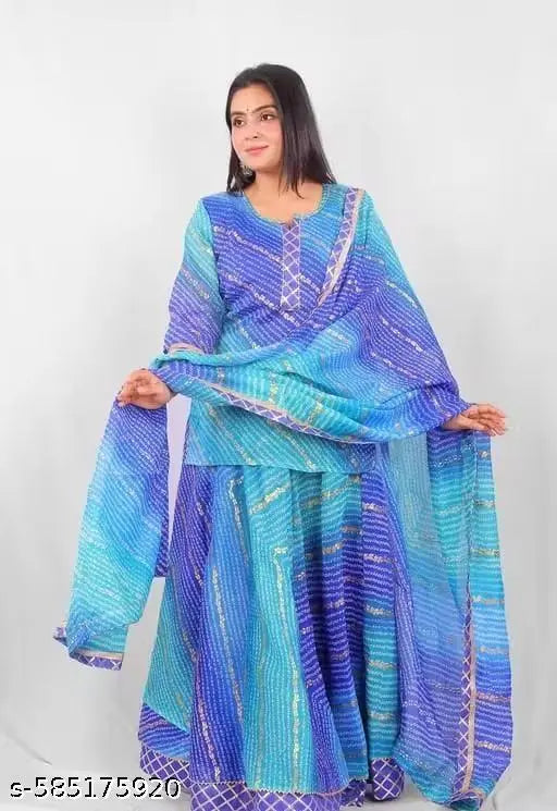 Trendy Blue and Purple Bandhani Print Lehenga Set with Dupatta for Women