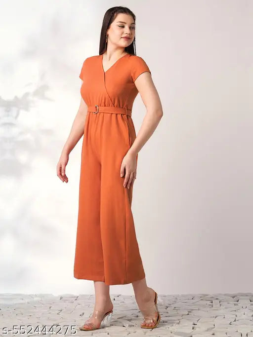 Globus Women Rust Wrap V-Neck Short Sleeves Belted Long Jumpsuit