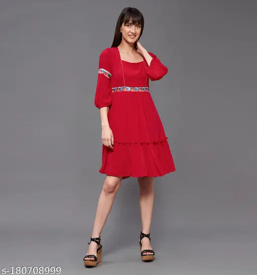 Miss Chase Women's Solid Square Neck Red Dresses
