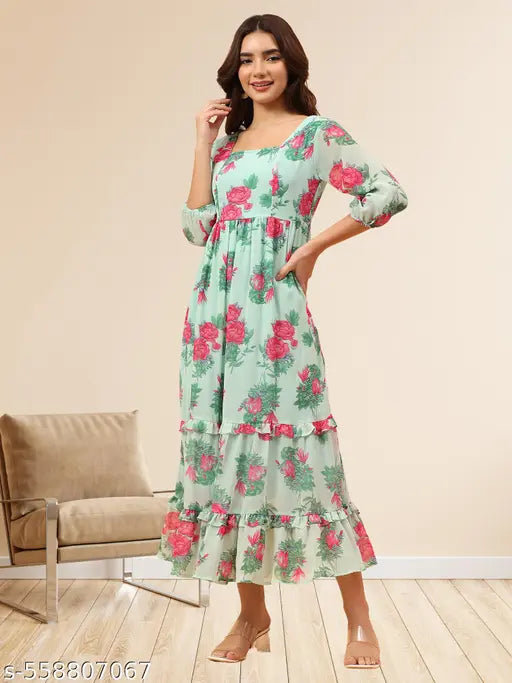 Elegant Light Green Floral Georgette Midi Dress for Women | Square Neck Tiered Western Dress | Stylish Casual Wear