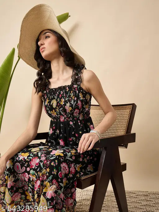 Floral Print Maxi Dress, Smocked Bodice, Ruffle Straps, Black with Multi-Colour Flowers