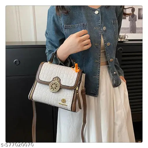 Fantastiqo Luxury Croc-Patterned Top-Handle Bag with Decorative Wheel Clasp-White