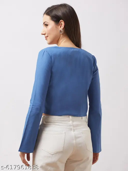 Globus Women Blue Tie-Up V-Neck Bell Sleeves Embroidered Detail Front Open Crop Top