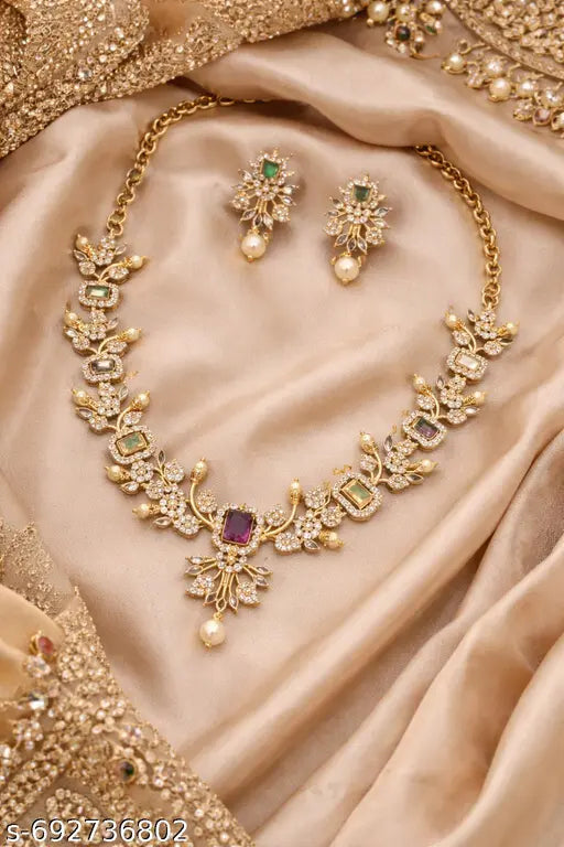 Elegant Gold Plated American  Necklace Set with Matching Earrings for Women