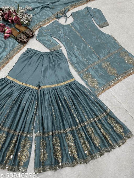 Heavy Embroidered Aque Blue Sharara Set for Women: Elegant Party & Festive Outfit